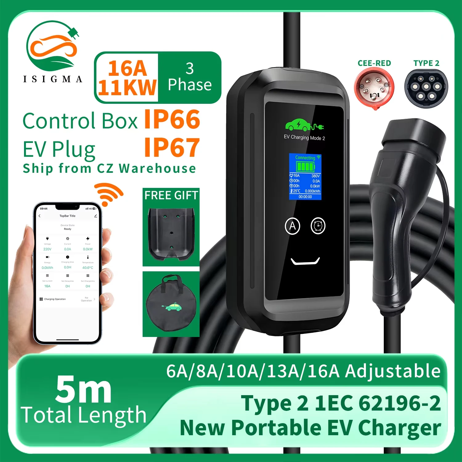 ISIGMA 5M 11KW 16A Typ2 Tuya APP WIFI Steuerung EV Tragbare Lade Box Elektrische Auto Ladegerät CEE ROT stecker Fahrzeug Ladegerät
