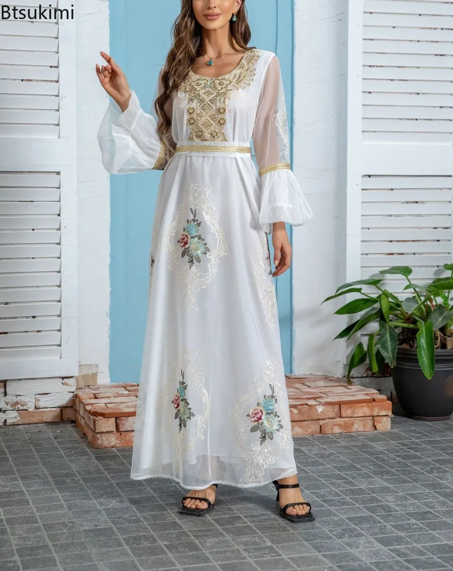 Neue 2025, Eid Muslimischen Party Kleid für Frauen Ramadan Abaya Stickerei Flare Hülse Langes Kleid mit Gürtel Vestidos Largos Dubai Robe