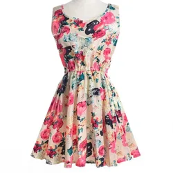Women Summer Mini Dress 2025 Female Boho Chiffon Clothes Sexy Florals Print Dress Pleated Party Clubwear Beach Dress Vestidos