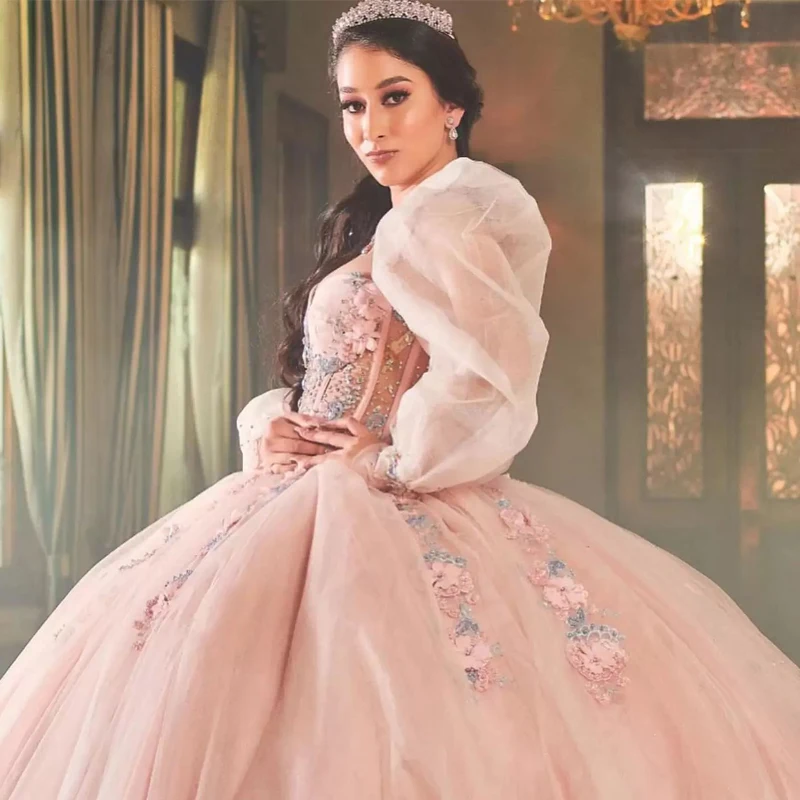 Vestidos De quinceañera con escote Corazón, manga larga hinchada, 15 Vestidos, flor 3D, Princesa, 16 Años