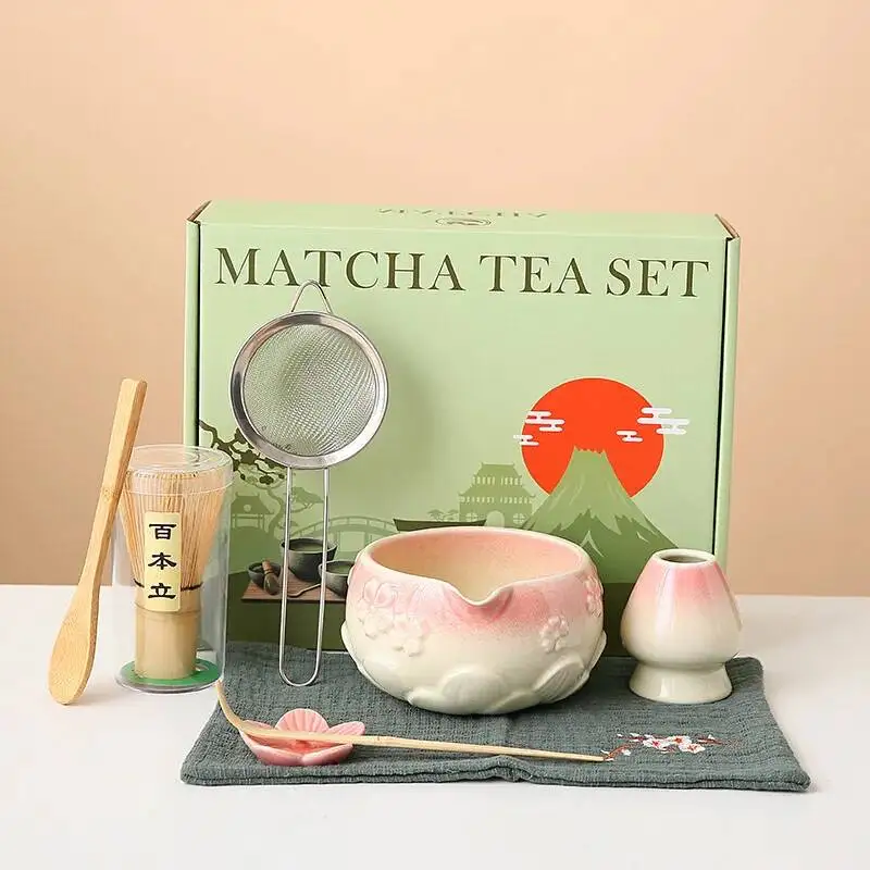 

4/6/8PCS Embossed Sakura Matcha Set, Japanese Tea Set, With Spouted Matcha Bowls, Tea Whisks, And Tea Ceremony Tools