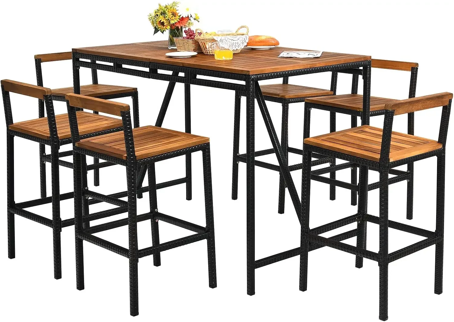 7 Piece Patio Bar Table Set with Umbrella Hole Acacia Wood High-Dining Bistro Set with 6 Bar Stools, PE Wicker Outdoor Bar Set