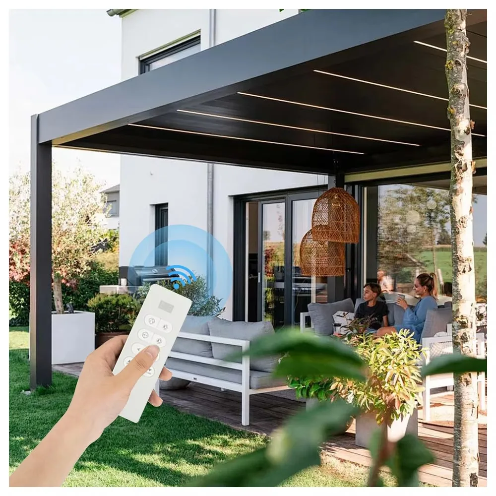 

Waterproof Bioclimatic Aluminum Pergola with Solar System Motorized Louvered Roof Powder Coated Frame Energy-Efficient Gazebo