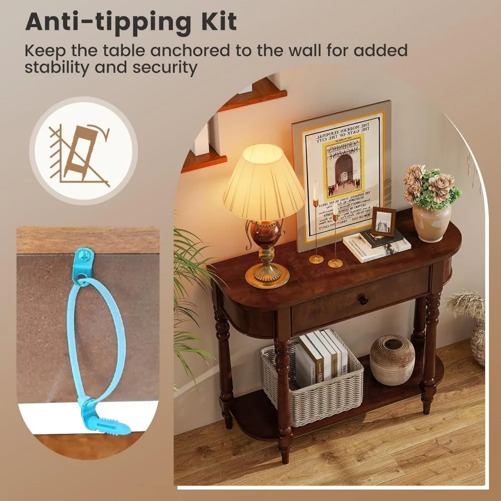 طاولة وحدة تحكم للمدخل من طبقتين مع درج تخزين، و36 طاولة أريكة خشبية ضيقة تتميز بأرجل أنيقة وتصميم رف مفتوح