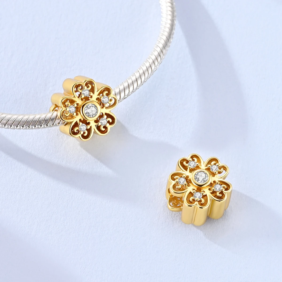 

Charm 925 Sterling Silver Golden Flower Bead Fit Bracelet Charm Diy For Woman Fine Jewelry