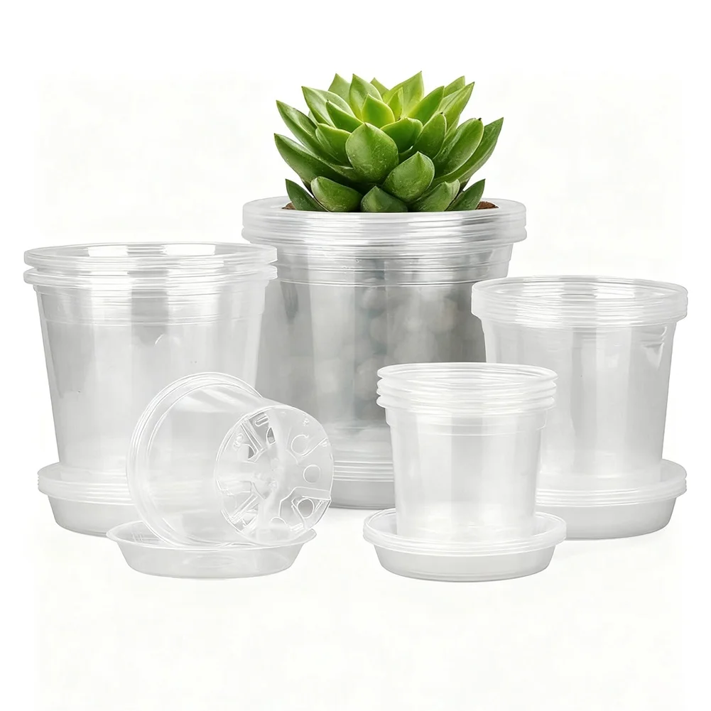 25 Clear Plastic Plant Nursery Pots with Drainage Holes and Saucers for Optimal Water Management and Root Health
