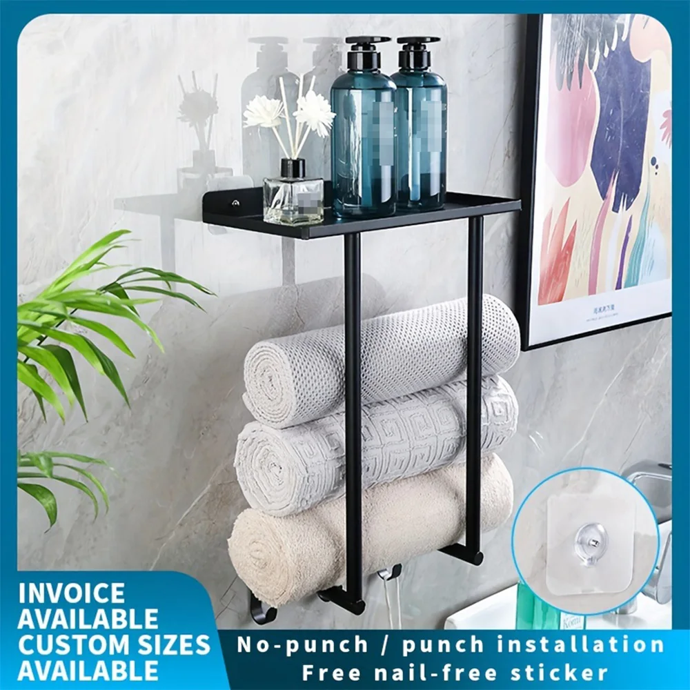 

Bathroom non perforated towel rack, black iron multi-layer storage rack with tray, toiletries storage rack