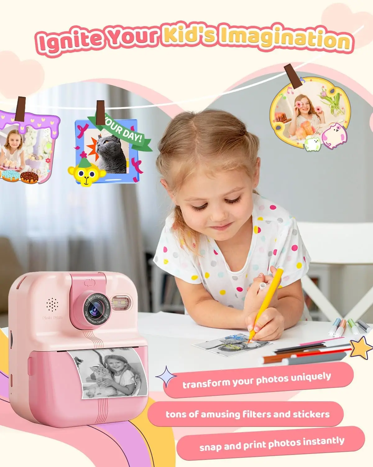 

P02 Kids Instant Print Camera 2.4' Screen HD Video 10X Zoom Selfie Printable Camera Children Print Toy Gift with Game