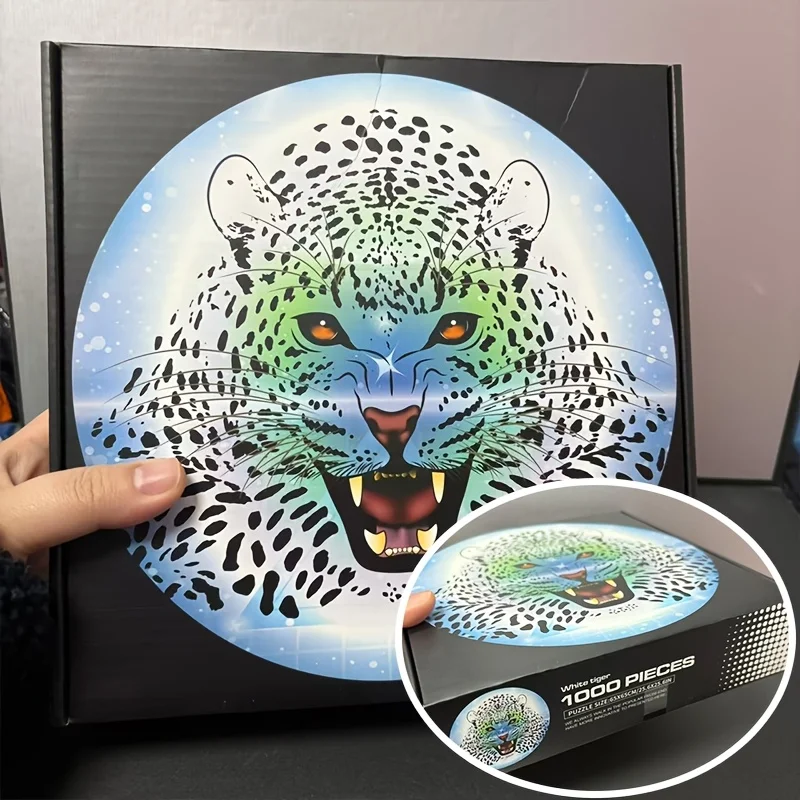 Puzzle tigre bianca da 1000 pezzi per adulti - Puzzle rotondo 65x65 cm (25,6" x 25,6"), cartone spesso con sezione lettera sul retro