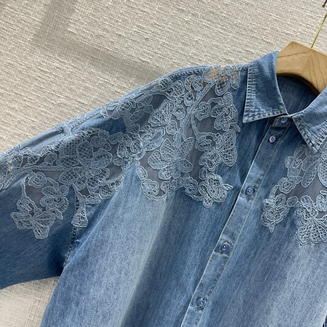 Young Women\'s Shirts 2024 Fashion Trends Women\'s tops and shirts Fashion 100% pure cotton denim flower lace embroidered shirts