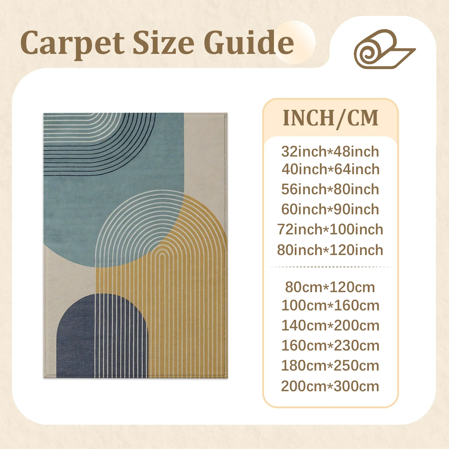 Large Indoor Area Rug, Soft Velvet Low Pile with Non-slip Dotted Backing, Machine Washable Mid-Century Geometric Curved Pattern Rug in Muted Blue & Mustard Yellow for Living Room, Bedroom Home Decor