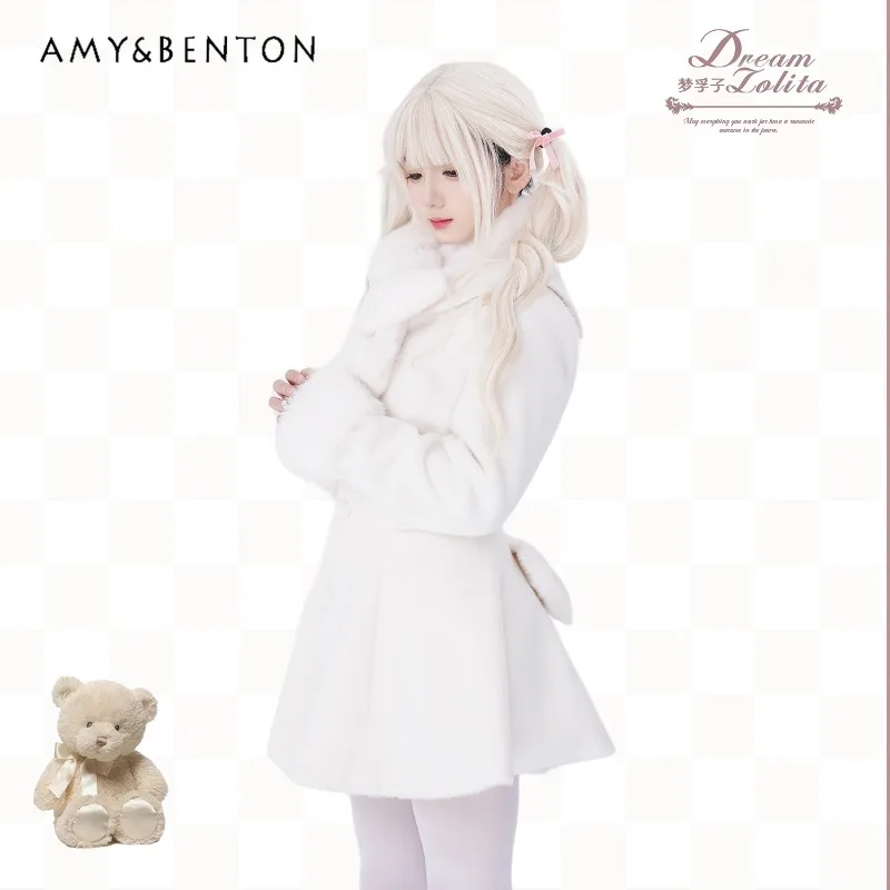 Sweet Girl Autumn Winter New Lolita Princess Wool Coat for Women Thickened Warm Cute Plush Turn-down Collar Slim Mid-length Coat