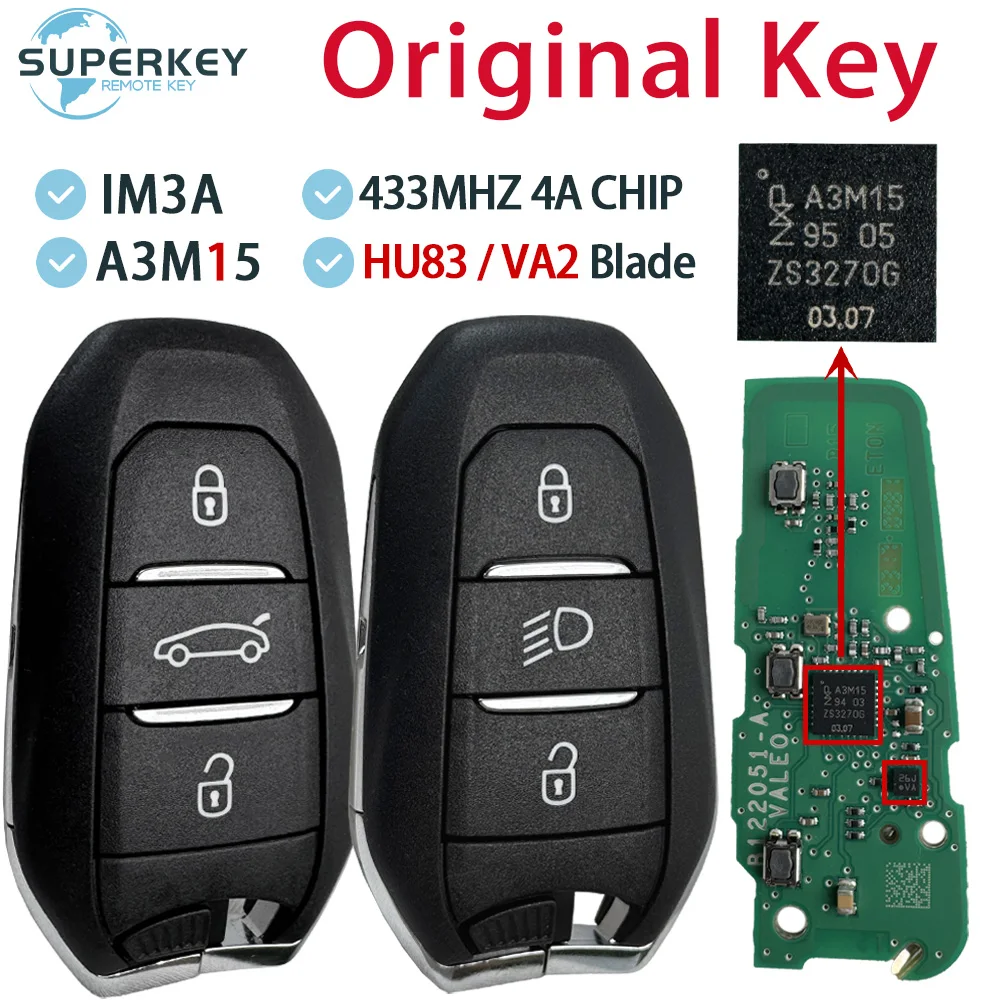 Original For Peugeot 307 308 3008 508 5008 For Citroen C3 C4 For Opel IM3A A3M15 4A Chip 433MHz Smart Remote Car Key