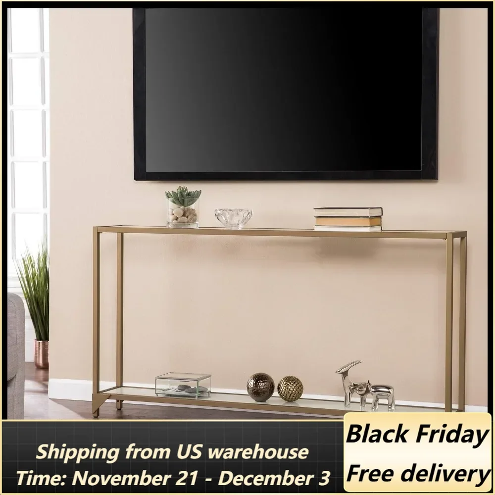 Sofa table narrow metal table glass bottom shelf, gold with white glass appearance, gold