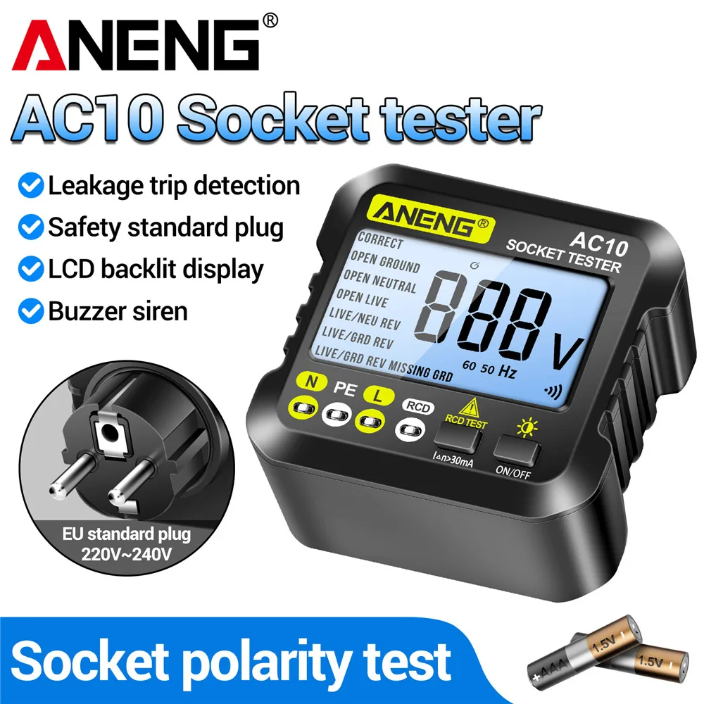 ANENG AC10 Socket Tester Plug Detector Zero Line Plug Polarity Phase Check Phase Detector US/EU Plug Multimeter Digital Tester