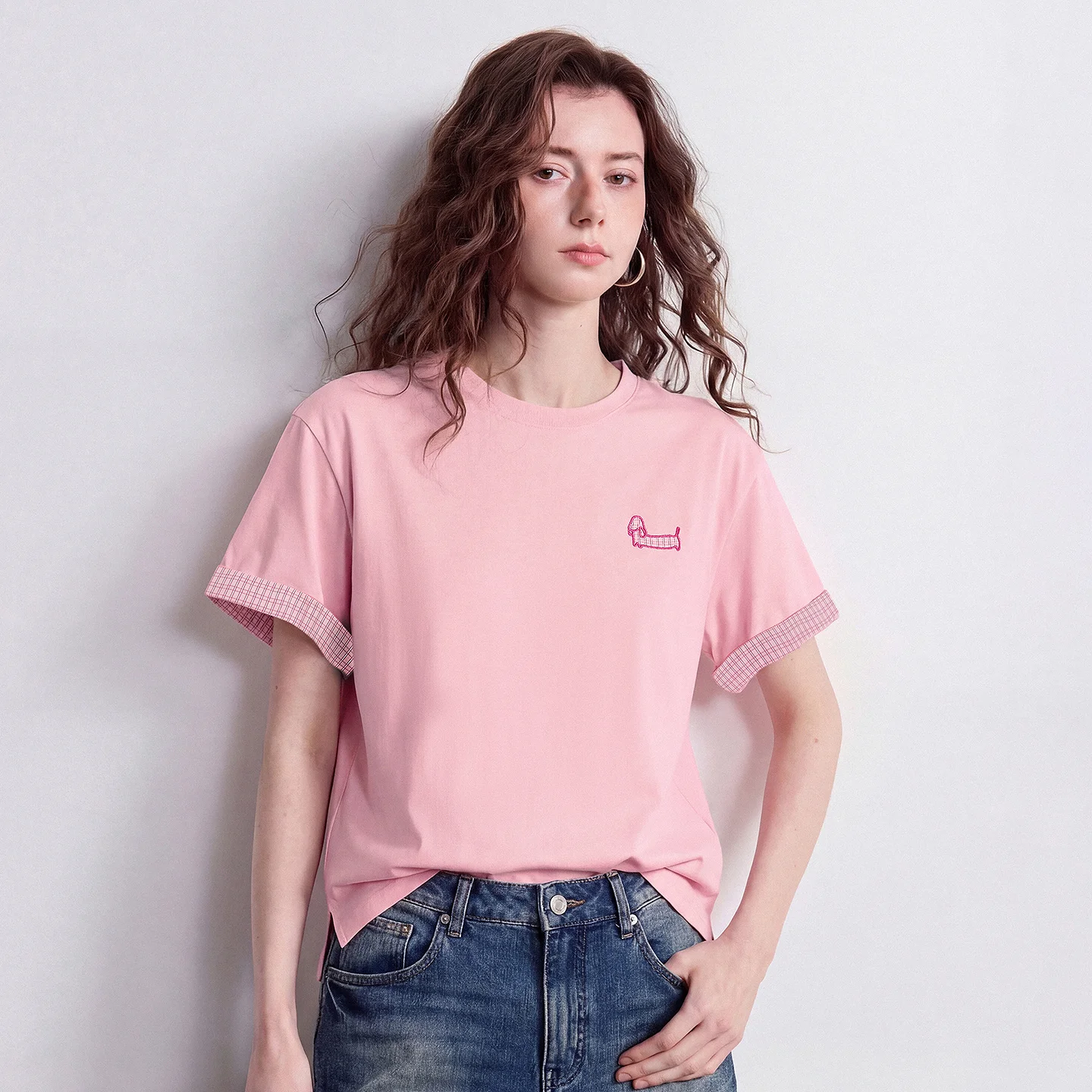 TOYOUTH Women Cotton T-Shirt 2026 Summer New High Low Slit Puppy Patch Embroidery Plaid Turn-up Sleeve Pullover Tops