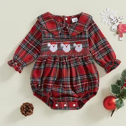 Baby Girls Christmas Rompers Red Santa Claus Embroidery Plaid Elastic Waist Jumpsuits Playsuits Newborn Xmas Clothes Costume