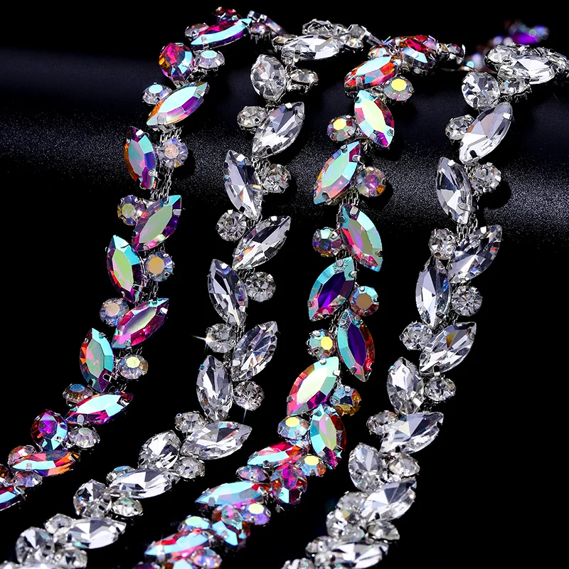 DUCRYSTAL 1Yard Horse Eyes Claw rhinestone Chain Glitter Glass Crystal Chain Rhinestone Flatback Sew-on Garment Decorative Chain