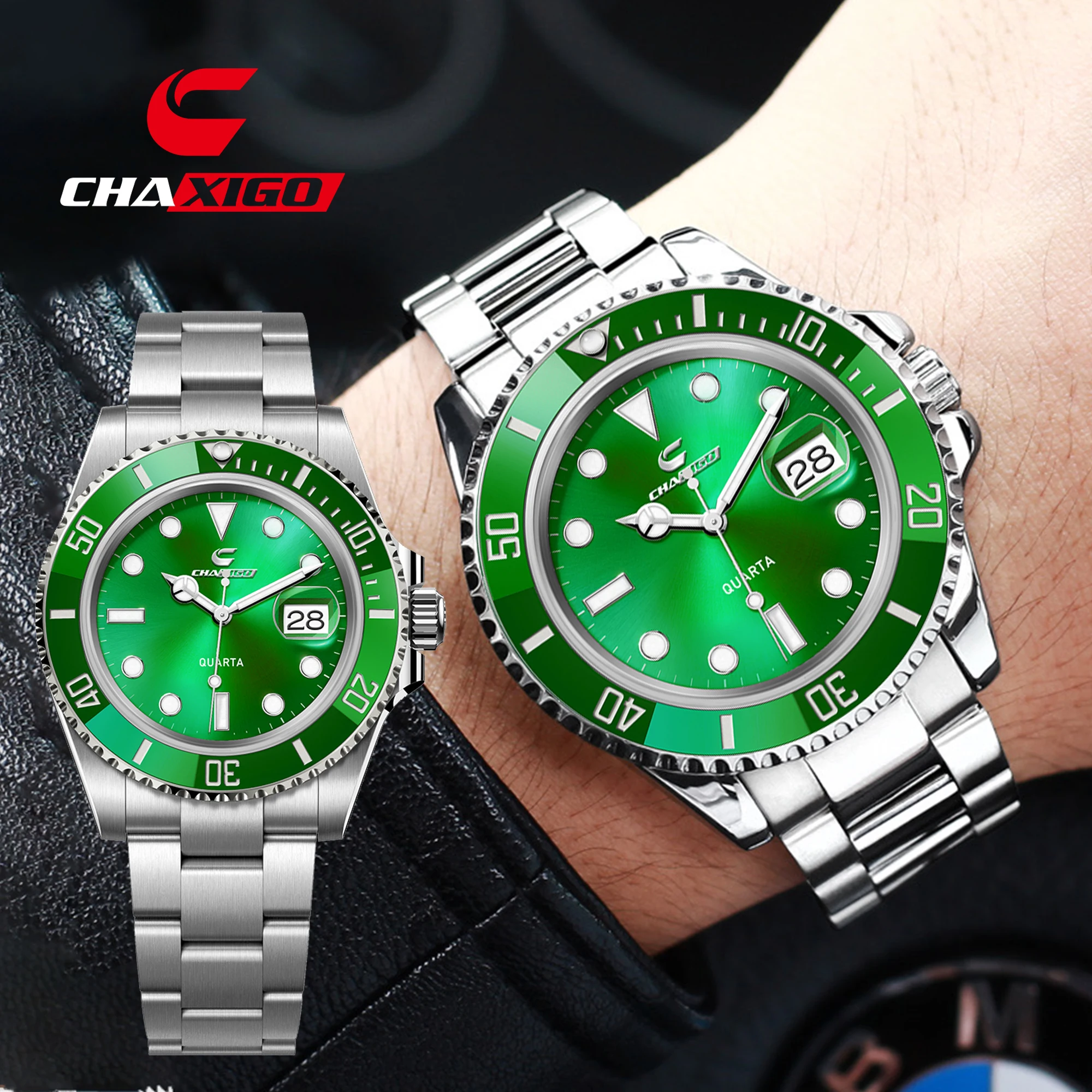 

CHAXIGO Мужские часы в стиле милитари с ремешком из нержавеющей стали, большой циферблат 43 мм, спортивные часы, водонепроницаемые повседневные часы