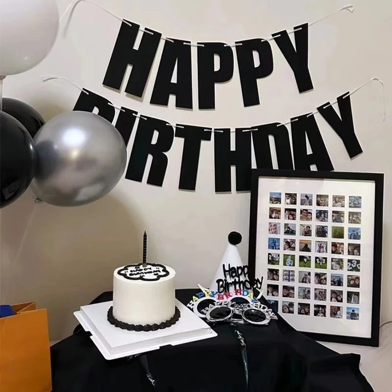 مجموعة واحدة من لافتة حفلات أعياد الميلاد السعيدة باللون الأسود، ديكور للتعليق على الحائط، خلفية للصور، مستلزمات أعياد الميلاد #1