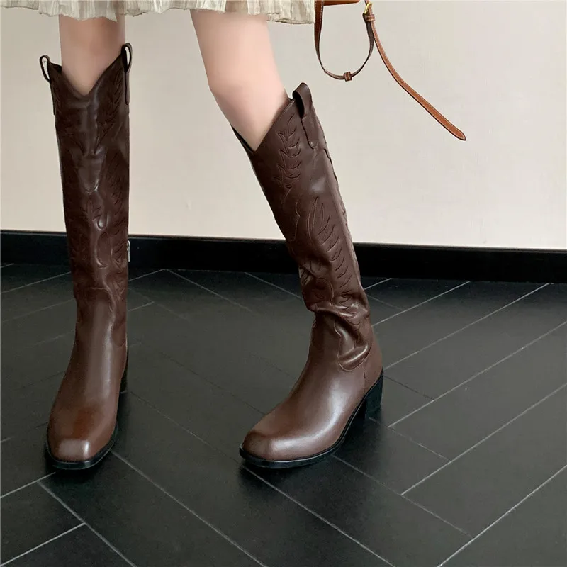 ASUMER 2024 New Genuine Leather Embroider Over The Knee Boots Zipper Square Toe Winter Boots Square Med Heels Western Boots