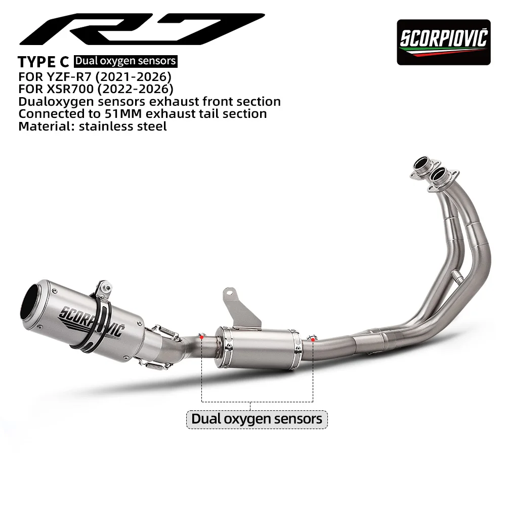 R7 Exhaust System For R7 2021-2026 MT07 FZ07 XSR700 2014-2026 Motorcycle Exhausts Pipe Kit Racing Header With 2 oxygen sensors
