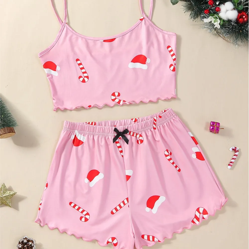 Women\'s 2 Pieces Pajama Set Sleeveless Spaghetti Strap Christmas Print Cami Sleepwear Shorts Sets Girls Nightwear Home Clothes