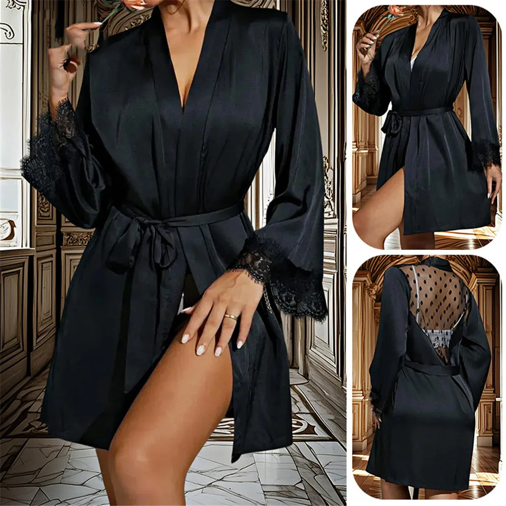 

Summer Lace Trim Cuff Satin Kimono Robe Sexy Back Chiffon Sleepwear Lingerie Women Silk Nightgown Wedding Robes
