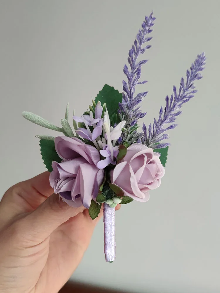 Boutonniere púrpura, accesorios de boda, ojal, boda, novia, dama de honor, lavanda, flores artificiales, ramillete de graduación, Decoración de mesa