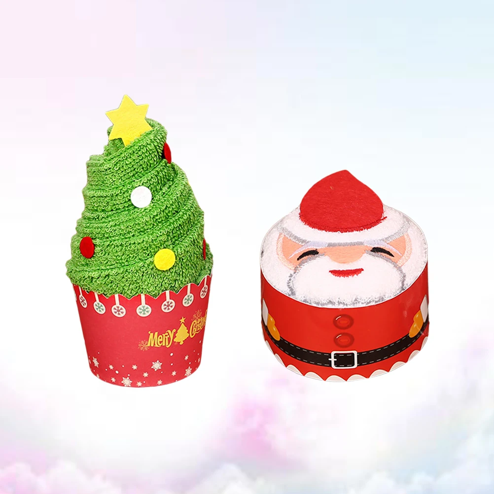 

2 Pcs Christmas Father-in-law Tree Towel Gift Box Santa Towels Cotton Washcloth Cartoon Cake