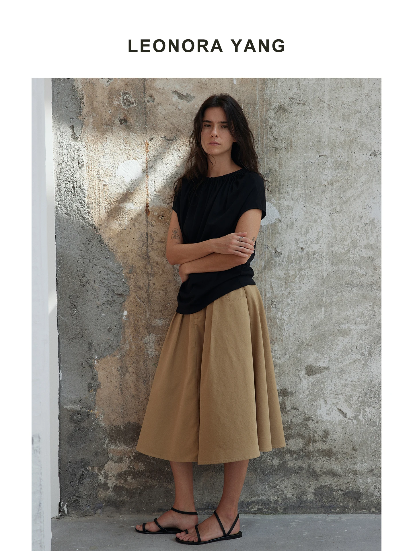 Leonorayang Retro Cotton Linen Blend Color Block Waist Suit Pleated Versatile Small Fan Shaped  Skirt for Women