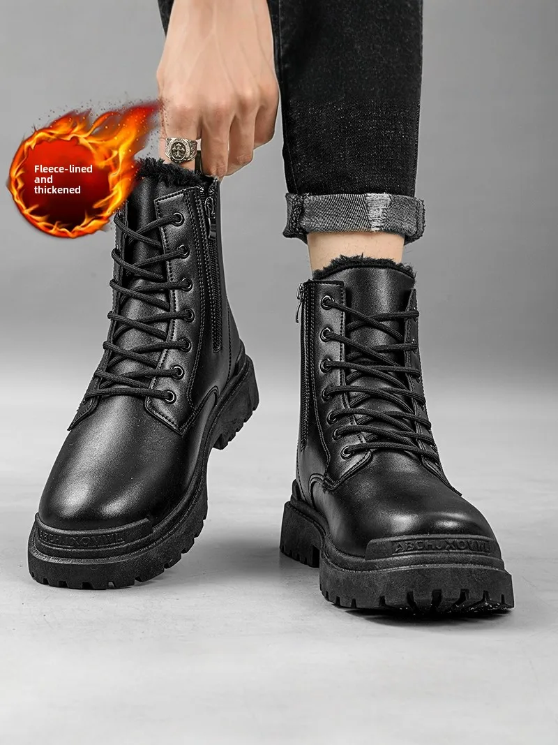 Men's Winter  Boots High Top Fleece Lined Biker Style Warm Leather Boots British Style Short Tube PU Material