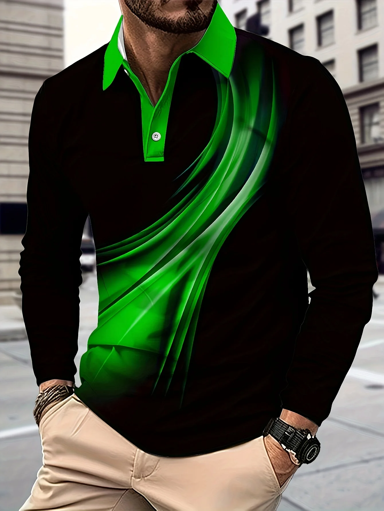 New Men's Stylish Long-Sleeve Polo Shirt for Autumn Black Blue Wave Print Button-Front Suitable for Business Casual and Golf