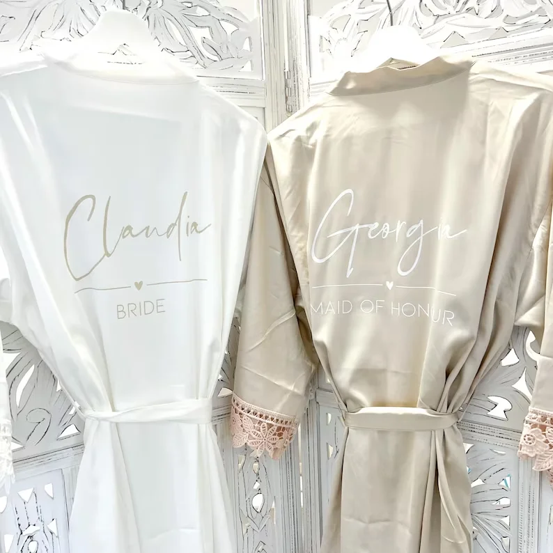 Personalised Satin Lace Robe Bride Dressing Gown Bridal Party Wedding Bridesmaid Gift Silk Custom Robe Kimono Woman Sleepwear