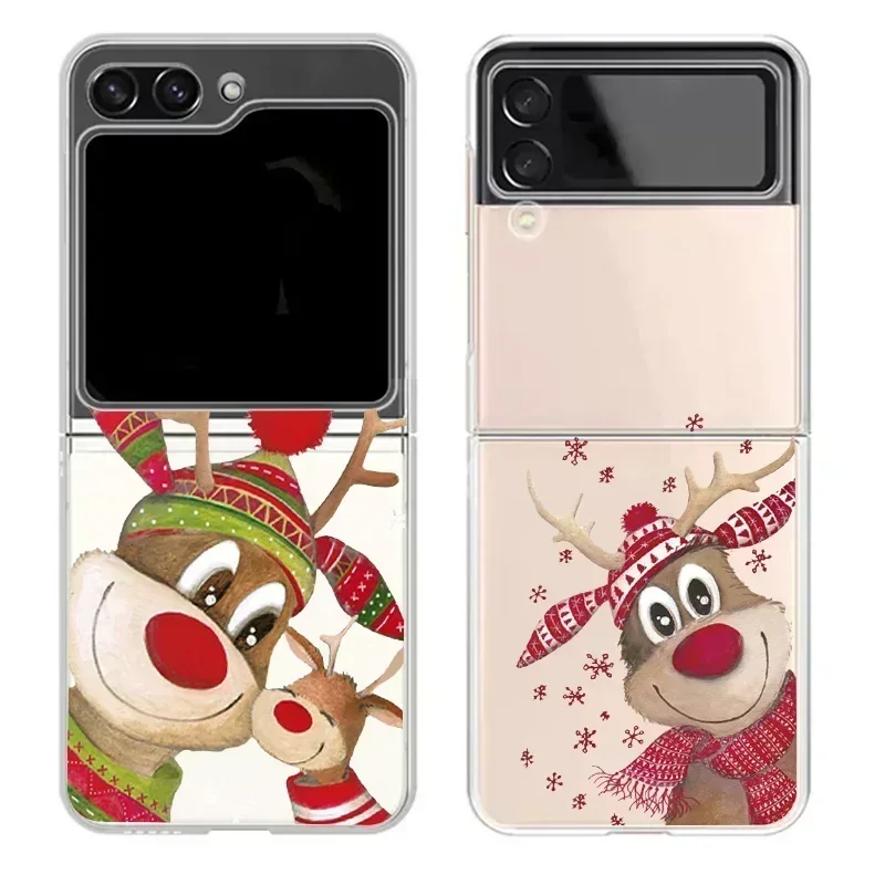 Christmas Gift Phone Case for Samsung Galaxy Z Flip 6 5 4 5G Clear Cover ZFlip5 Flip6 3 Reindeer Santa Cover Shell Fundas Skins