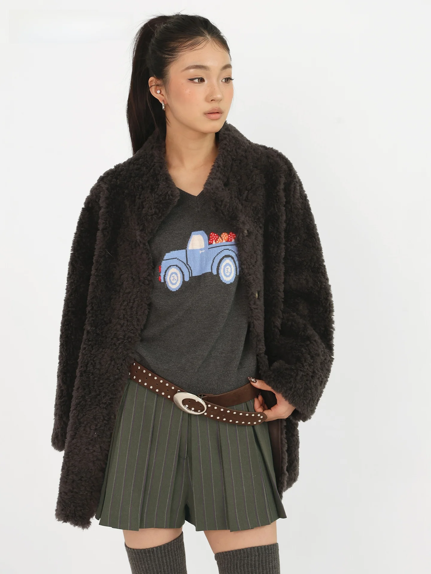 

Lamb Fur Coat Stand Collar Woolen Outerwear for Women Medium Length with k Button Casual Daily Wear Loose Fit