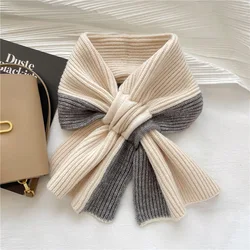 Korean Solid Color Double Sided Neck Protection Wool Knit Cross Collar Warm Shawl Winter Outdoor Windproof Thick Women Scarf V29