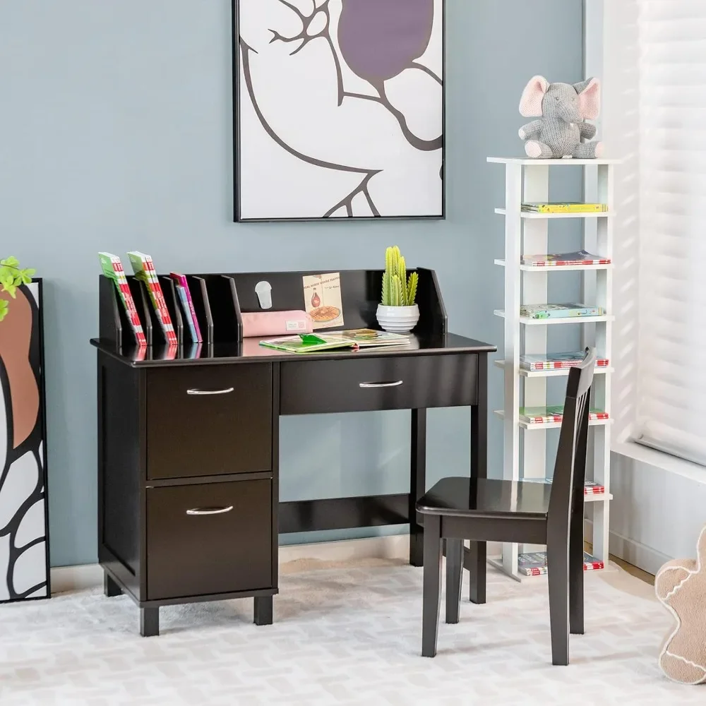 Kids Desk and Chair Set, Children Wooden School Learning Table w/Drawer & Storage Cabinets, Student Writing Computer Workstation