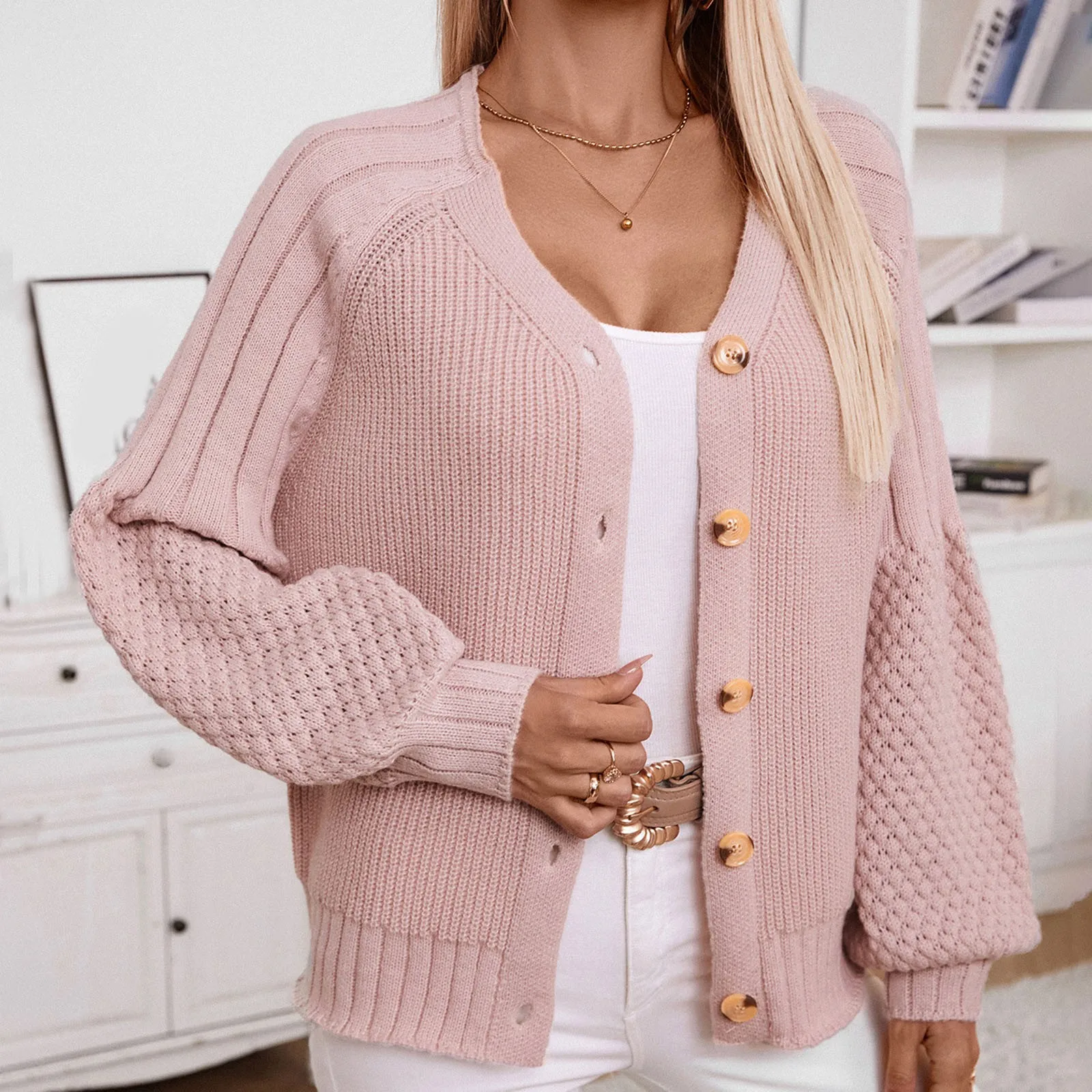 

Женский трикотажный кардиган на пуговицах, модный розовый Повседневный Кардиган с V-образным вырезом и рукавами-фонариками, элегантная женская верхняя одежда на осень