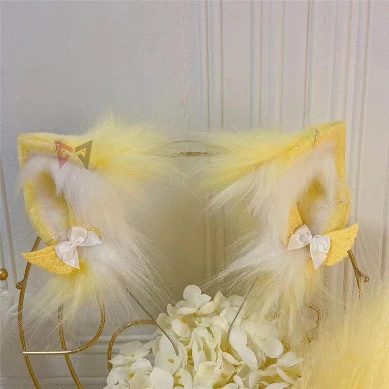 CyNew Beige pequeño zorro de leche lobos orejas aro de pelo cola pendientes Animal Lobo Cosplay sombreros KC accesorios de disfraz de simulación