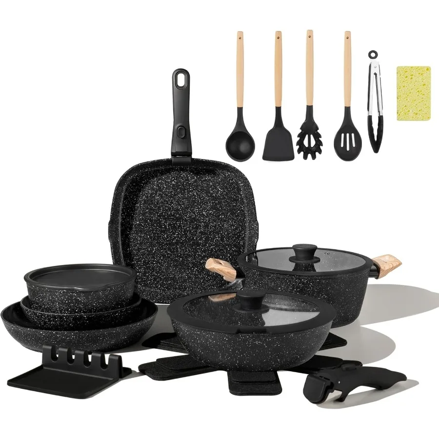 

23pcs Ceramic Pots and Pans Set with Nonstick Surface and Detachable Handles for Induction Cooktops Includes Frying Pans and Sa