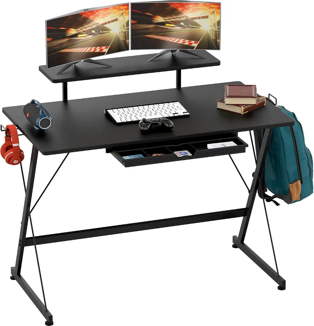 

40 Inch Gaming Desk with Monitor Riser, Drawer and Hooks, Black