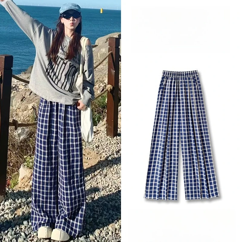 

2026 Spring New Women's Casual Trousers Loose Wide-leg Pants Female's Autumn Lazy Style Thin Plaid Floor Pants Tide Wholesale