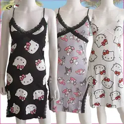 Hello Kitty Nightdress Cartoon Print Ladies' Nightgowns Summer Women's Camisole Pajamas Sanrio Casual Comfortable Homewear