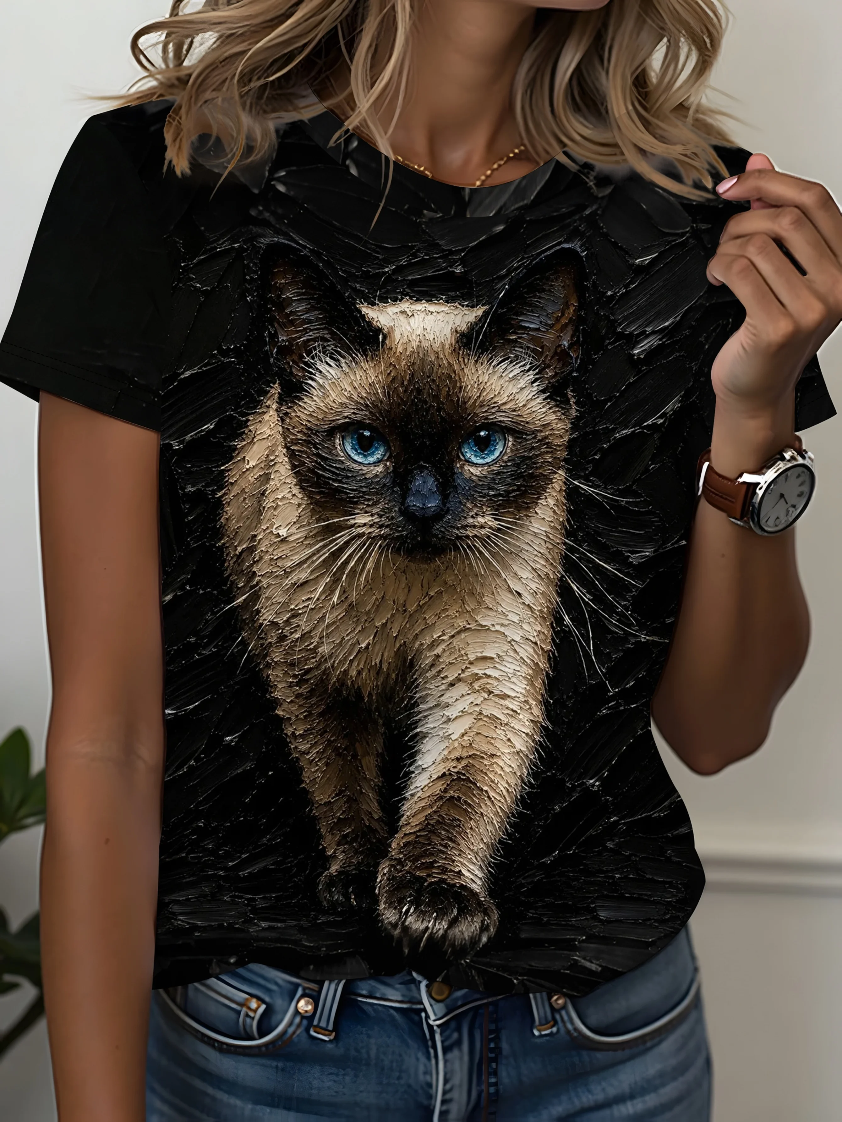 Women Crew Neck Short Sleeve T‑shirt Realistic Siamese Cat 3D Effect Animal Print Summer Casual Black Top