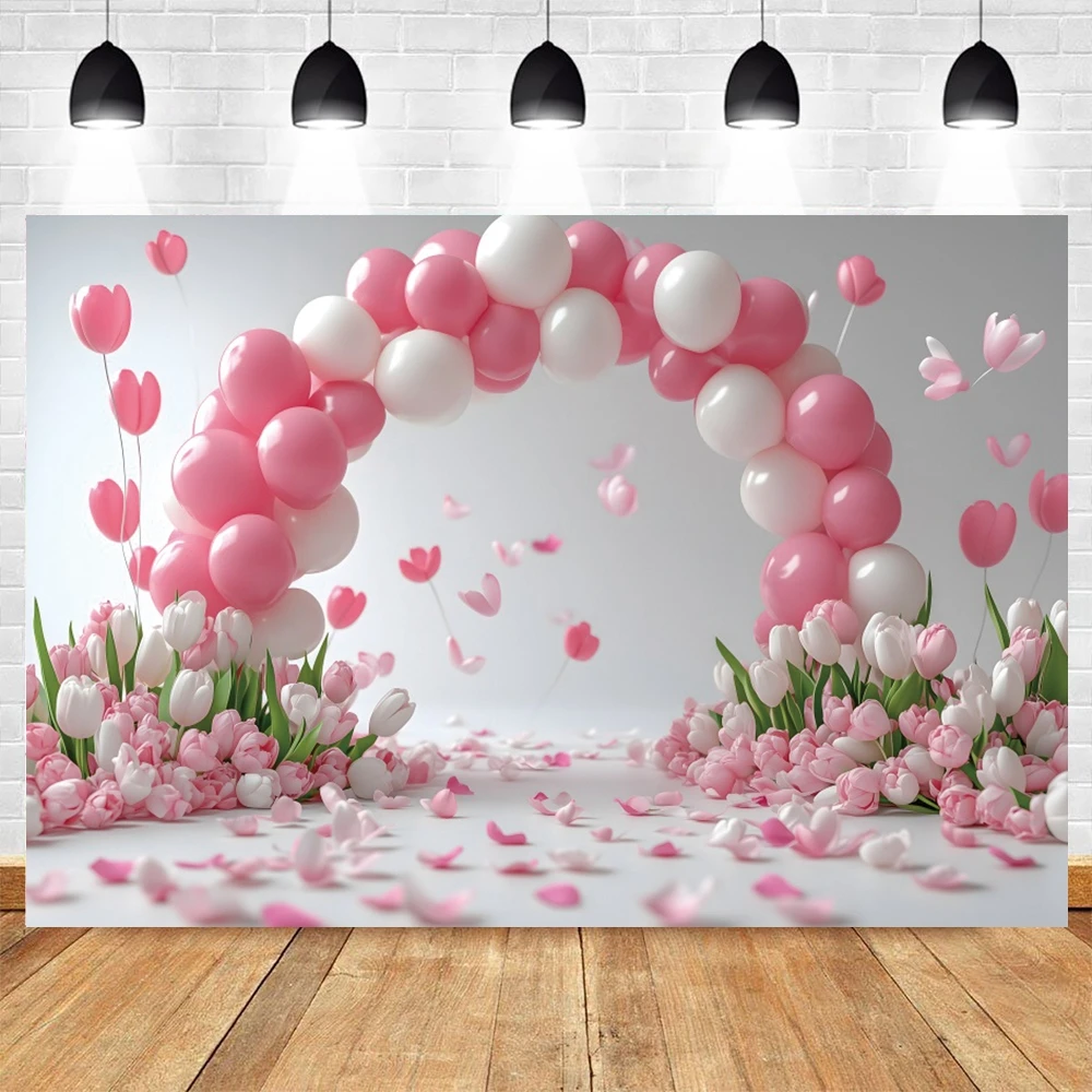 Girls Birthday Party Photography Backdrop Pink Tulip Flowers Balloon Arch Baby Shower Portrait Photo Background Photostudio Prop