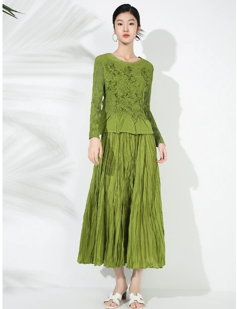 HANGX Miyake الصناعة الثقيلة تنقش مطوي بلوزة نصف الجسم تنورة قطعتين خريف جديد مزاجه بأكمام طويلة قميص تنورة دعوى