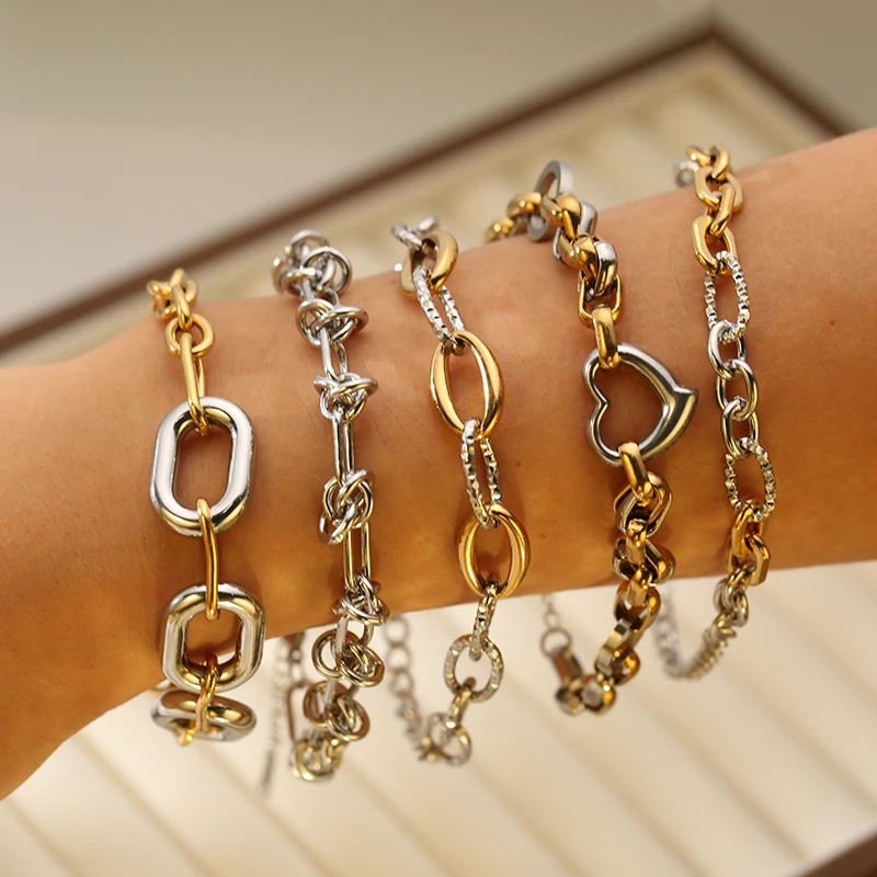 GANPUP 316L Edelstahl Gold Silber Farbe Kette Armreif Für Frauen Männer Trendy Textur Armband Wasserdicht Schmuck – Detail 5