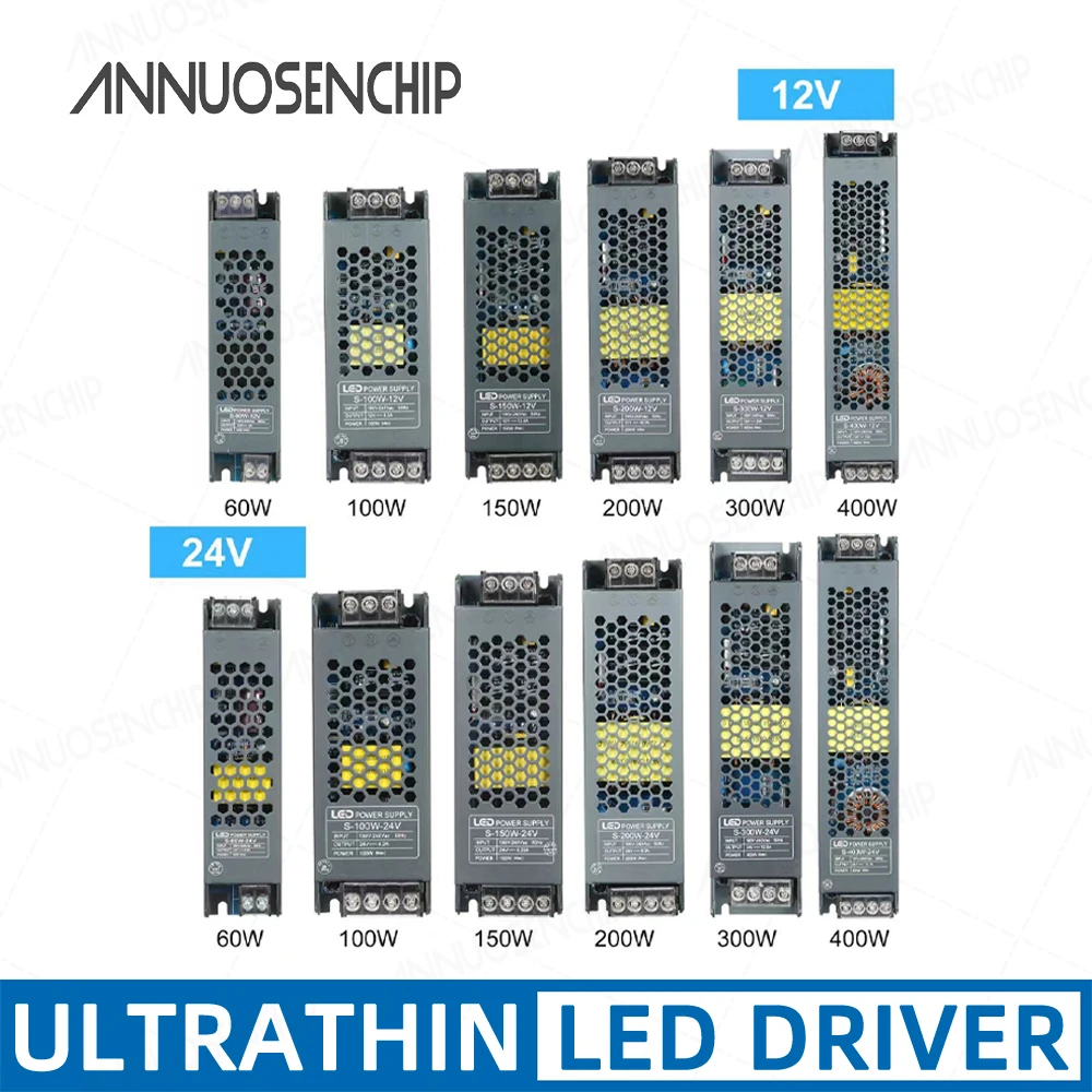 12V 24V Slim Aluminum LED Driver 60W 100W 150W 200W 300W 400W Long Strip High-End Power Supply for Displays LED Strip Lighting