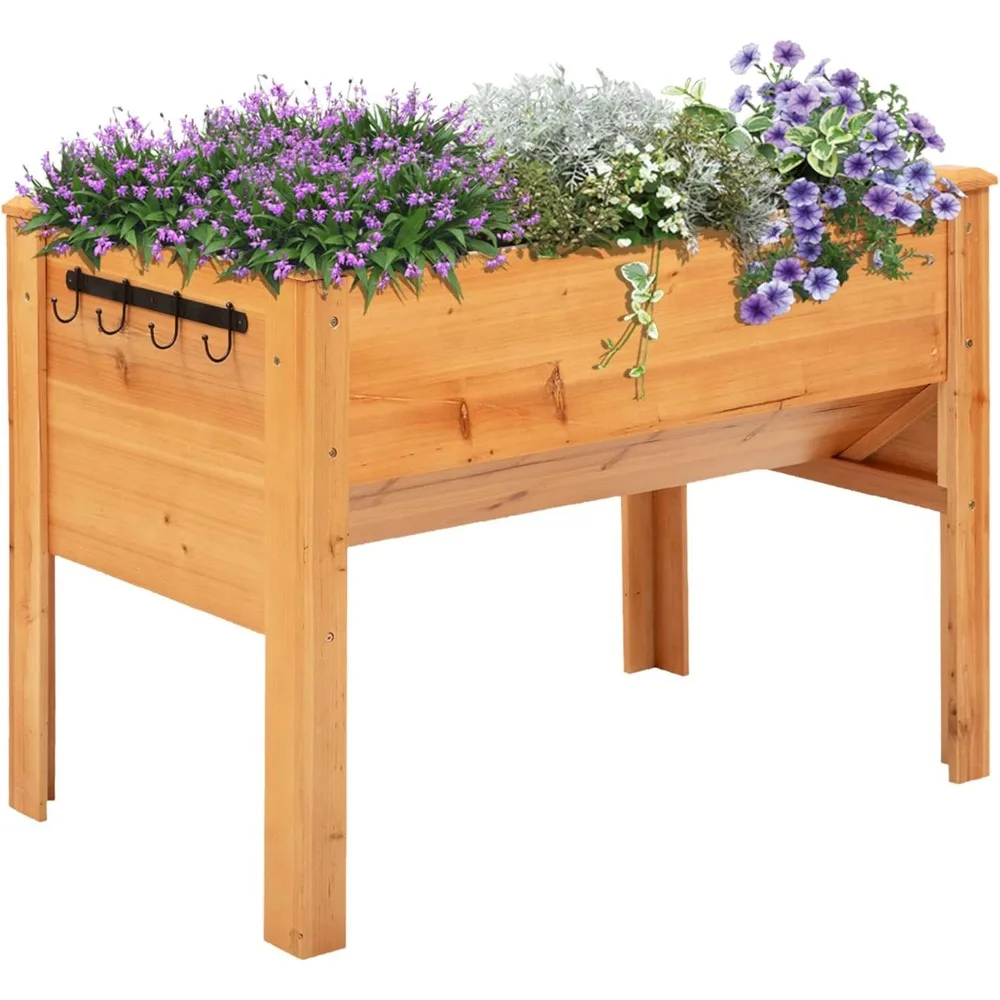 

48" Raised Garden Bed with Hooks, 660lb Capacity Wood Elevated Planter Box with Water Draining and Liner, Natural